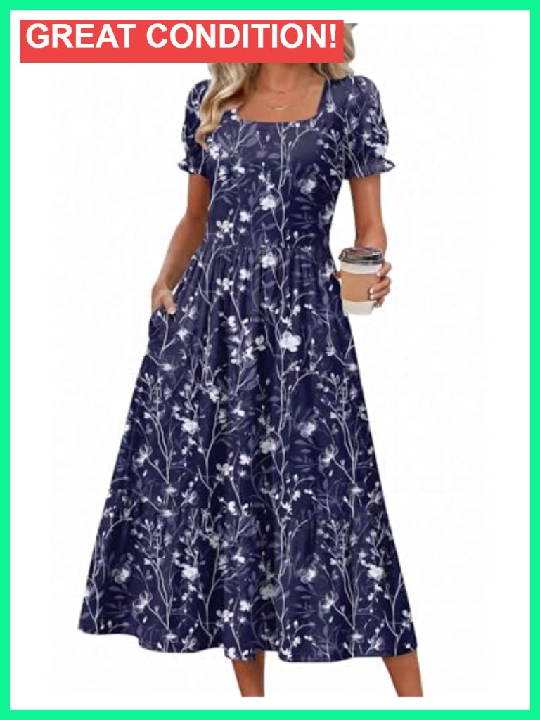 Flowy Casual Midi Dress With Pockets Short Sleeve Square Neck Sundress
